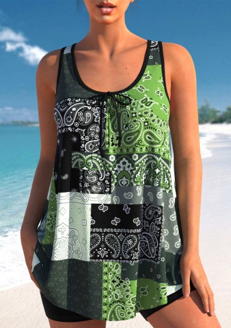 Bowknot Blackish Green Paisley Print Tankini Top