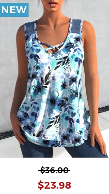 Lace Stitching Blue Floral Print Tank Top