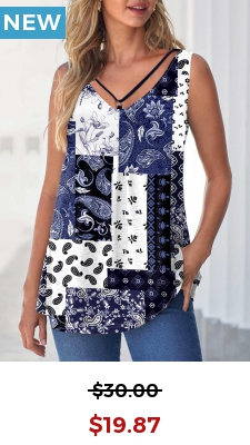 Navy Blue Paisley Print Ring Detail Tank Top