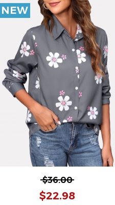 Grey Floral Print Turndown Collar Blouse