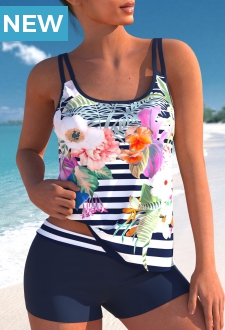 Floral Print Striped Double Straps Tankini Set