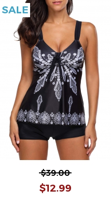 Knot Detail Printed Spaghetti Strap Tankini Set