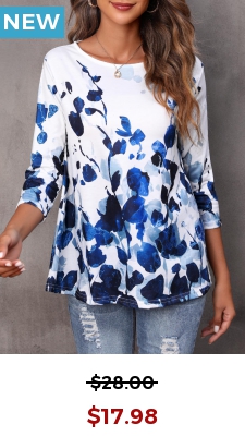Floral Print Blue Round Neck T Shirt