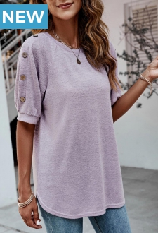 Purple Decorative Button Half Sleeve T Shirt