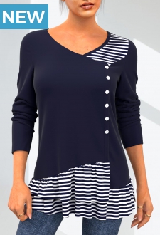 Striped Navy Decorative Button Layered Hem T Shirt