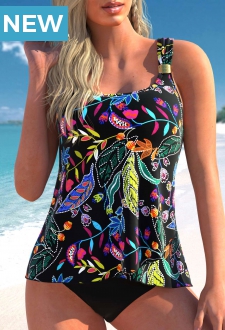 Wide Strap Black Floral Print Tankini Top