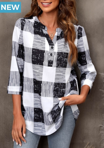Plaid Split Neck Black 3/4 Sleeve Blouse
