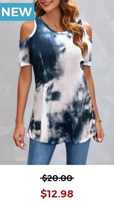 Tie Dye Print Cold Shoulder Navy T Shirt