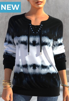Split Neck Tie Dye Print Black Sweatshirt