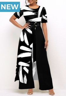 Brush Stroke Print Belted Black Pocket Jumpsuit