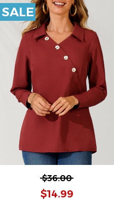 Turndown Collar Inclined Button Wine Red Blouse
