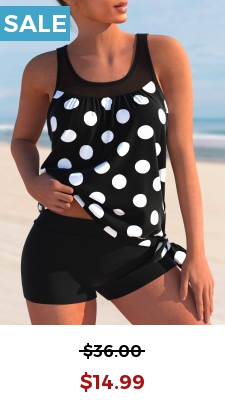 Mesh Stitching Black Polka Dot Tankini Top