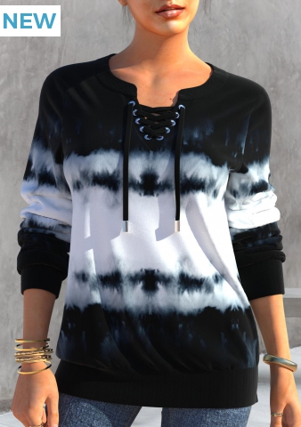 Split Neck Tie Dye Print Black Sweatshirt