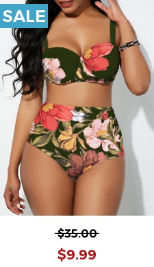 Spaghetti Strap Floral Print High Waist Bikini Set