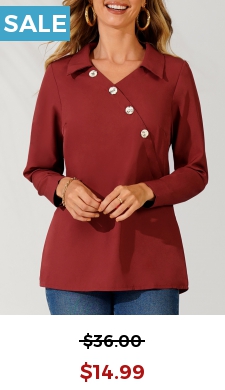 Turndown Collar Inclined Button Wine Red Blouse