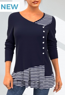 Striped Navy Decorative Button Layered Hem T Shirt