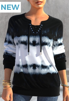 Split Neck Tie Dye Print Black Sweatshirt