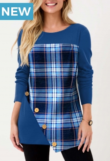 Plaid Blue Asymmetric Hem T Shirt