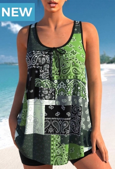 Bowknot Blackish Green Paisley Print Tankini Top