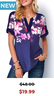 Floral Print Split Neck Navy Blue Blouse
