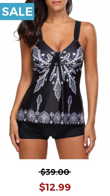 Knot Detail Printed Spaghetti Strap Tankini Set