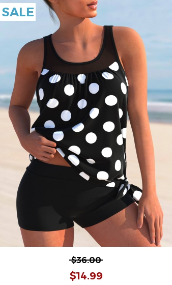 Mesh Stitching Black Polka Dot Tankini Top