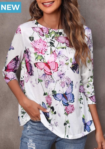Butterfly Print Pink Round Neck T Shirt