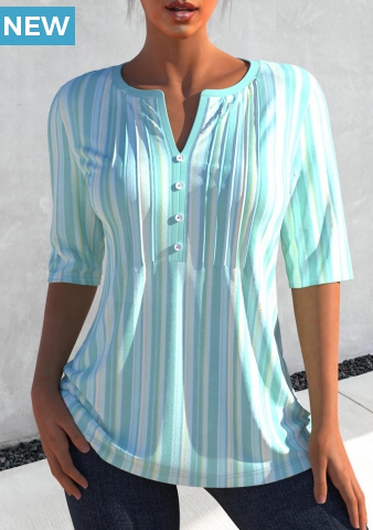Split Neck Cyan 3/4 Sleeve Striped Blouse