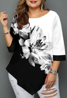 Asymmetric Hem Plus Size Floral Print T Shirt