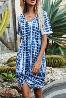 Blue Twist Hem Plaid V Neck Dress