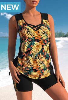Leaf Print Cross Strap Black Tankini Set