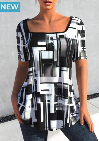 Black Square Collar Geometric Print T Shirt