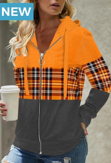Zipper Closure Plaid Orange Long Sleeve Hoodie