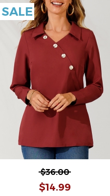 Turndown Collar Inclined Button Wine Red Blouse