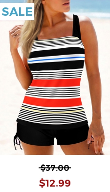 Striped Color Block Wide Strap Tankini Top