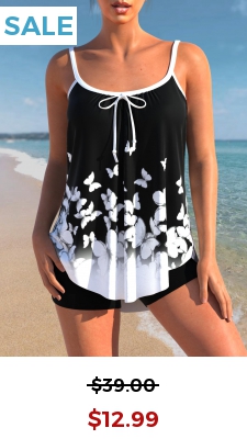 Butterfly Print Black Bowknot Tankini Top