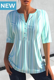 Split Neck Cyan 3/4 Sleeve Striped Blouse
