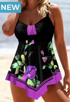 Purple Asymmetric Hem Floral Print Swimdress Top