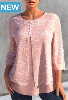 Light Pink Lace Stitching Faux Two Piece Blouse