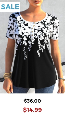Floral Print Black Quarter Button T Shirt