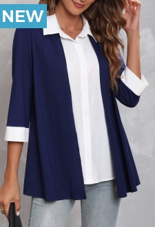 Faux Two Piece Navy Blue Turndown Collar Blouse