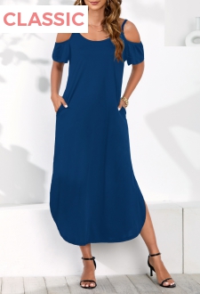 Strappy Cold Shoulder Royal Blue Pockets Dress