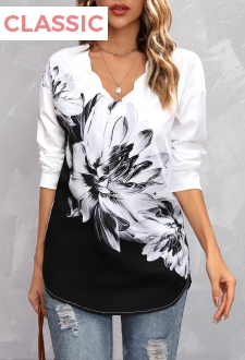 Black Floral Print Long Sleeve Blouse