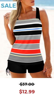 Striped Color Block Wide Strap Tankini Top