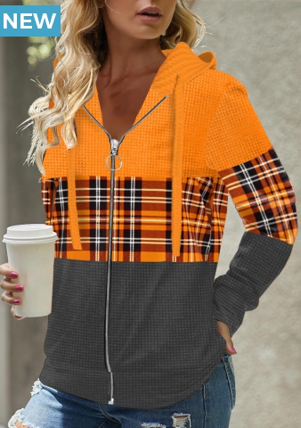 Zipper Closure Plaid Orange Long Sleeve Hoodie