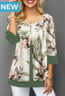 Floral Print Faux Two Piece 3/4 Sleeve Blouse