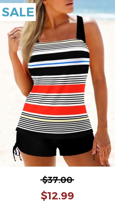 Striped Color Block Wide Strap Tankini Top