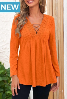 Lace Stitching Orange Long Sleeve T Shirt