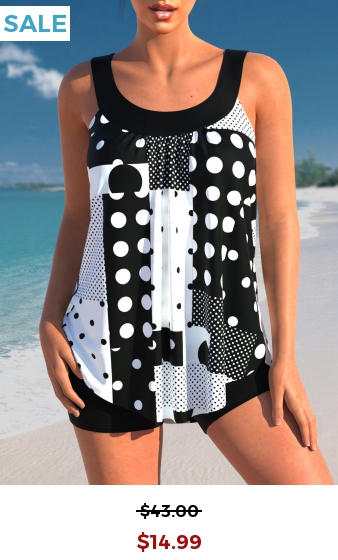 Polka Dot Geometric Print Black Tankini Top