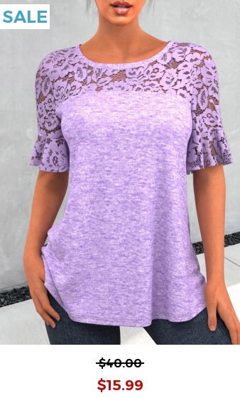 Purple Lace Patchwork Round Neck T Shirt